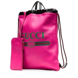 GUCCI Logo Interlock GG Web Details Italian Pink Leather Backpack Tote Handbag